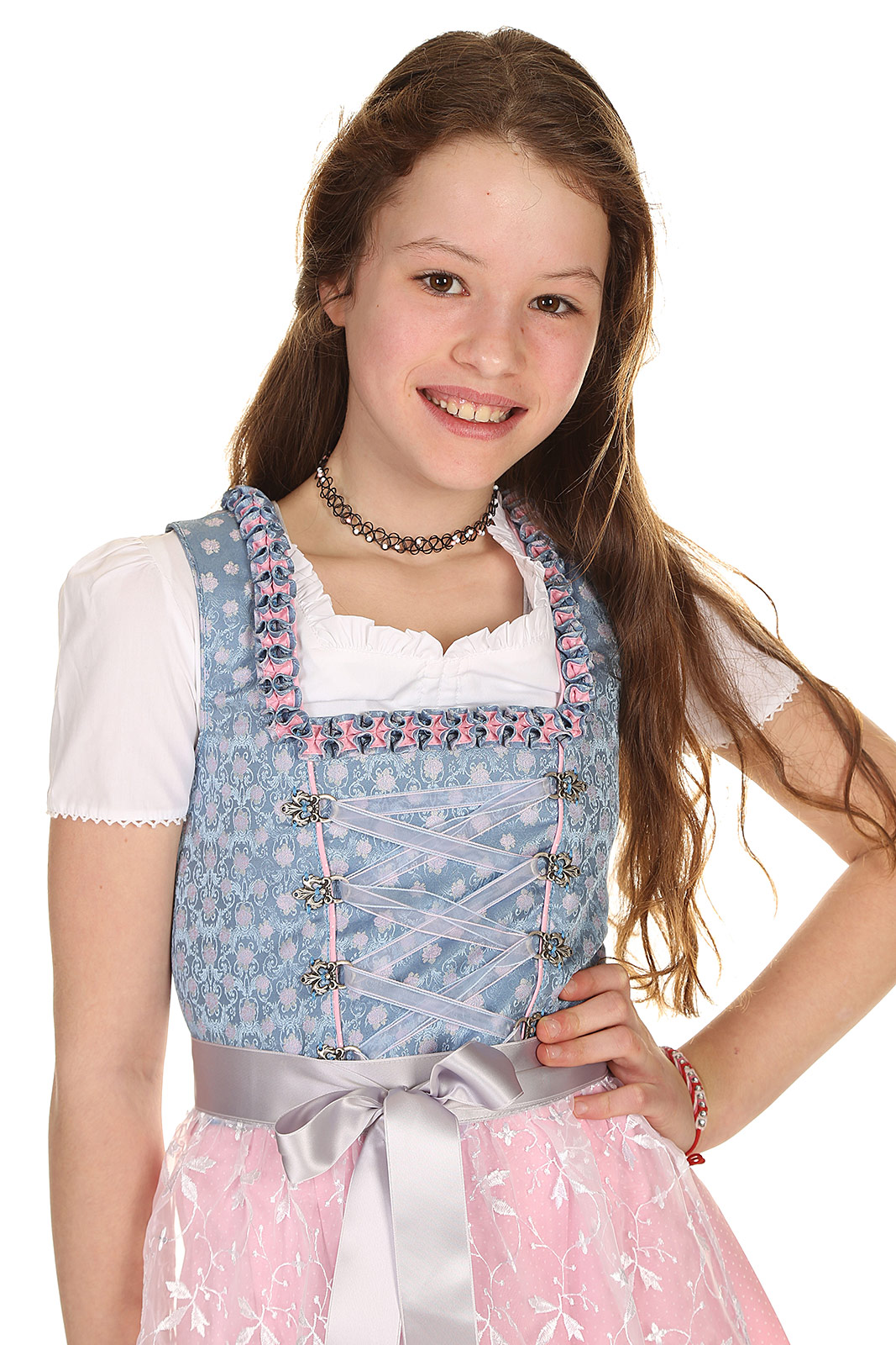 Isar-Trachten Kinder Dirndl Nicole 3-TLG Trachtenkleid Schürze und Bluse für Mädchen - Blau Schönes Trachtendirndl 