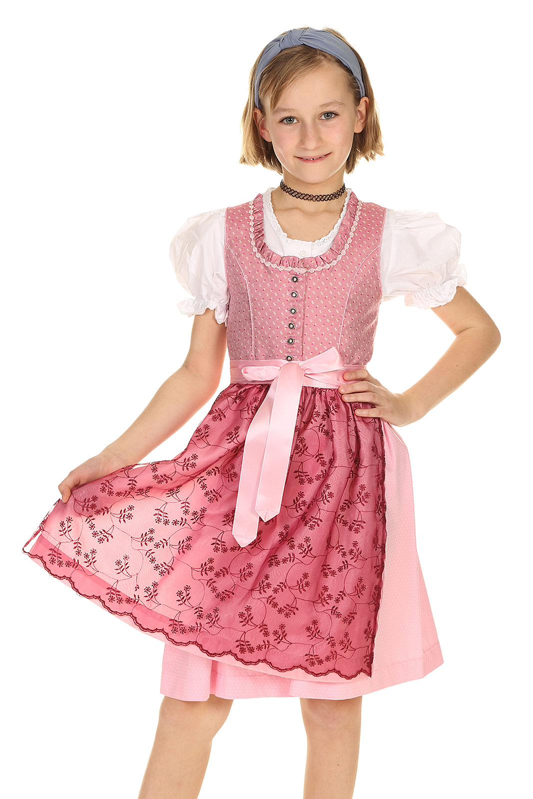 Dirndl Mädchen Baumwolle 43230 lila Isar-Trachten Kinder Dirndl hochgeschlossen mit Stehkragen 